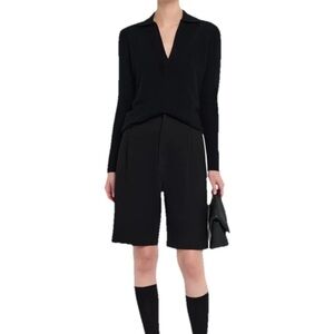 Neiman Marcus Black Cashmere Split Neck Long Sleeve Polo Sweater M/L Luxury